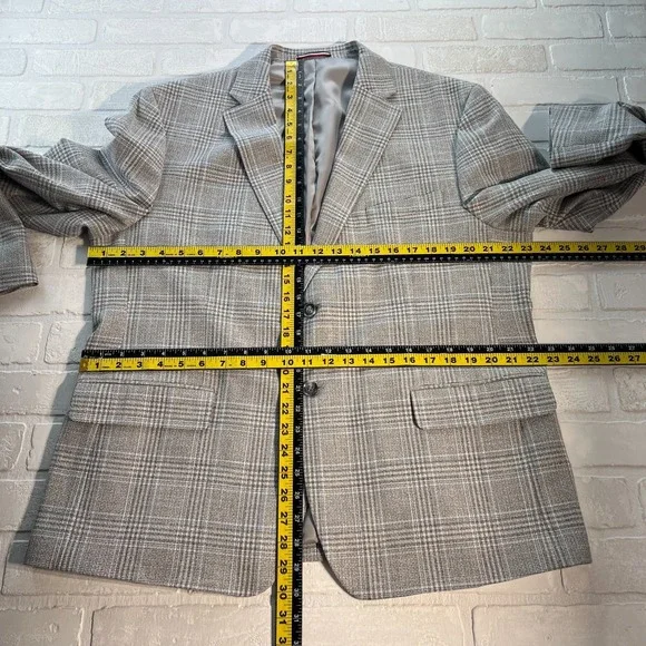TOMMY HILFIGER Blazer Jacket Sport Coat Mens 46S Gray Blue Glen Plaid Preppy